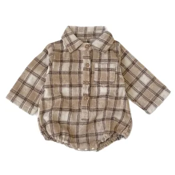 Baby Autumn and Winter Fashionable Plaid Baby Bodysuit Shirt Collar Casual Triangular Romper Soft for Infants Toddlers