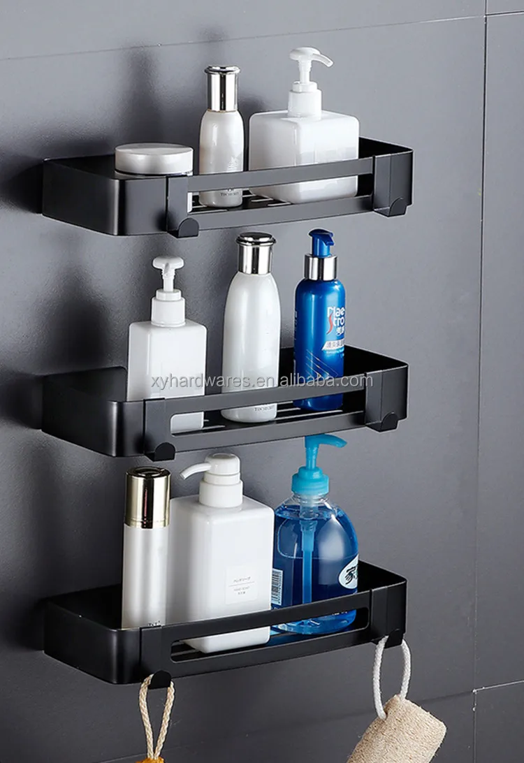 Stainless Steel Matt Black Bathroom Corner Basket Storage With Hooks