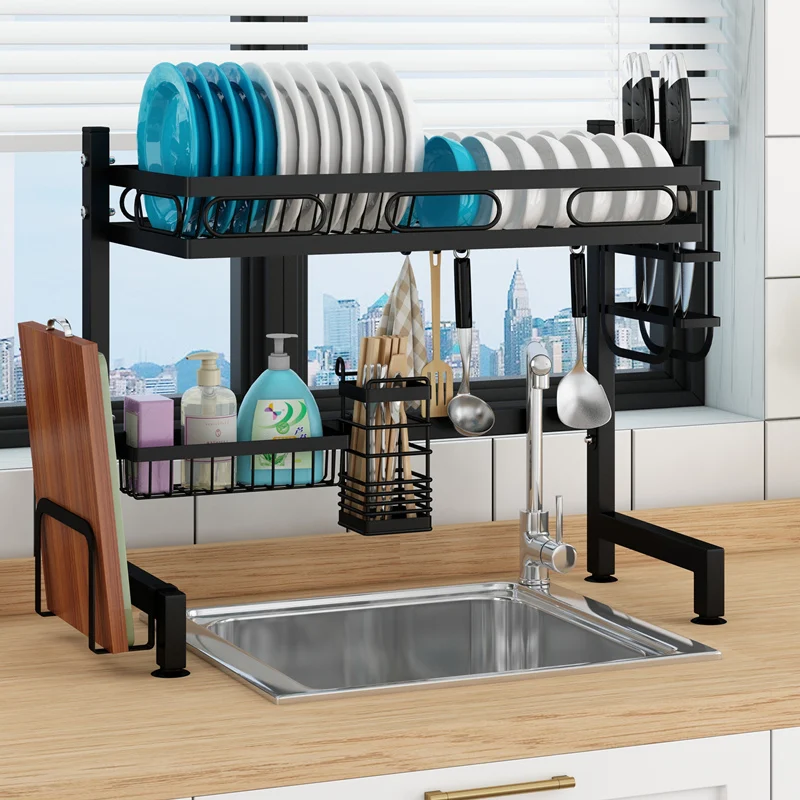 Over the Sink Dish Drying Rack Stainless Steel 2 Tier Dish Rack Above Kitchen Sink Shelf Durable Black Dish Drainer