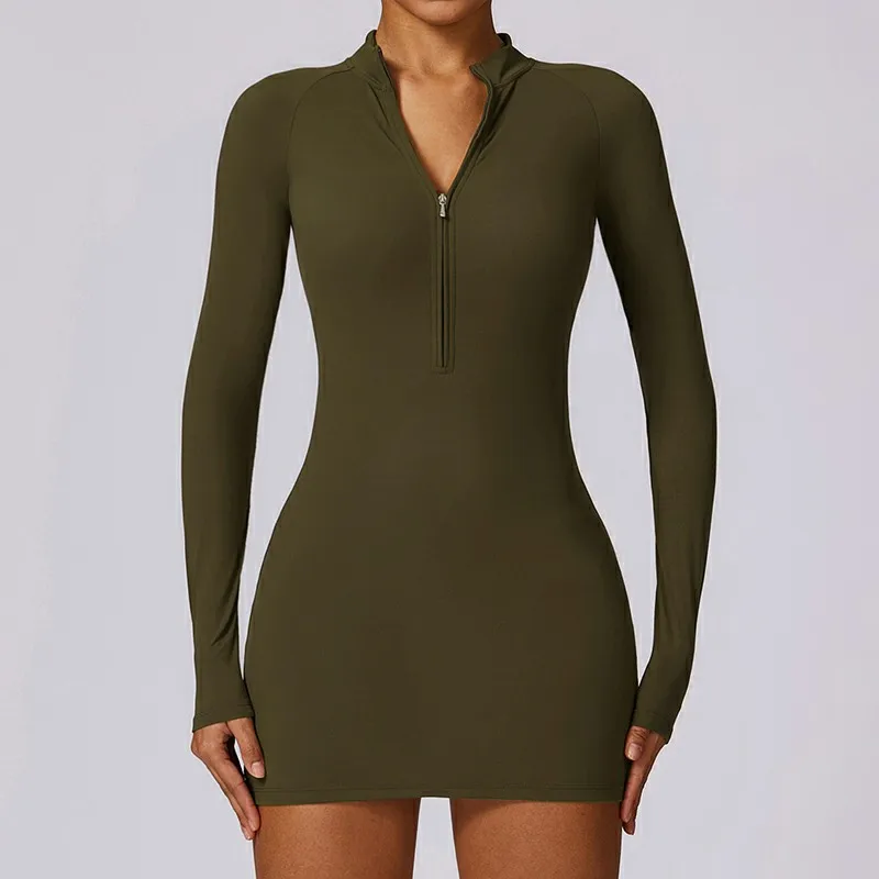 L801010 Y2K Long Sleeve Bodycon Mini Dress for Women Zip Front Hot Pink Tight Club Dress Streetwear Fall Winter Party Outfit