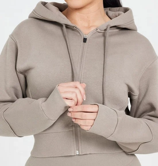 Customize Gym Wear Clothing Ladies Zip Up Hoodies Slim Fit Cropped Zip