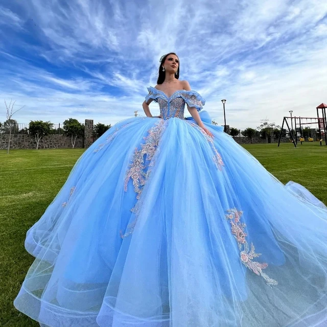 Mumuleo Sky Blue Quinceanera Dresses Ball Gown Applique Lace Prom Dress Sweet 15 16 Birthday Party vestidos 15 anos Princess