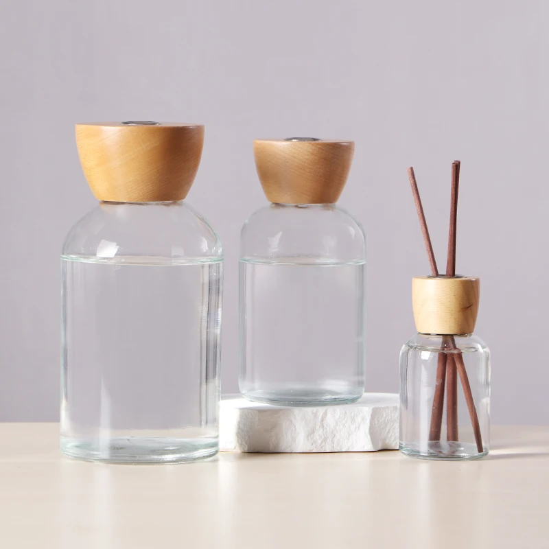 125 ml 500 ml 1 Liter Transparent Empty Round Shape Wide Mouth Fragrance Aroma Reed Diffuser Bottle with Wooden Lid
