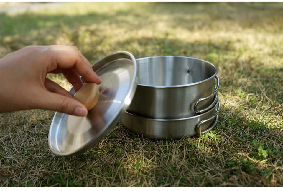 2pcs Outdoor Cooking Pots Set Stainless Steel Folding Handle Camping