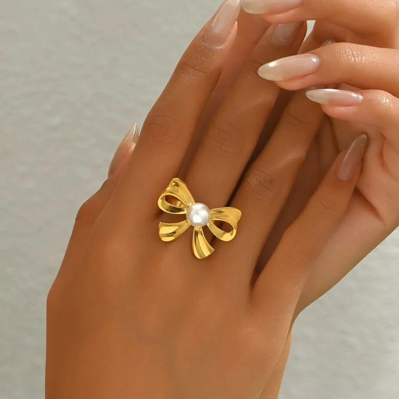 Elegant Simple Personalized Pearl-inlaid Design Adjustable 18k Gold Bow Ring for Pearl Setting Opening Finger Ring