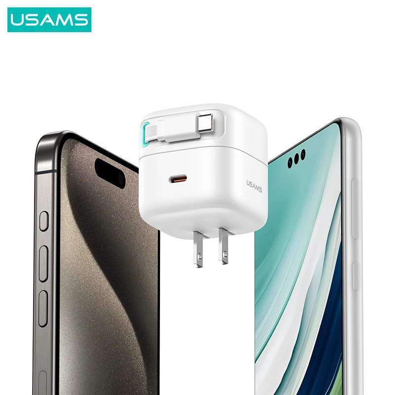 USAMS 2023 Private 35w Pd Fast Charger US Plug Type c Port With Type c Retractable Cable 35w Usb c Charger Gan