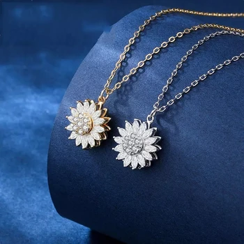 fashion jewelry necklaces 925 sterling silver necklace rotatable sunflower zircon gold plated necklace for women