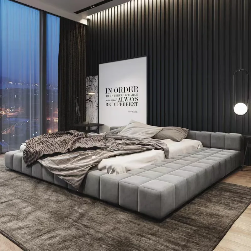 Modern Minimal Customization Bedroom Furniture Wooden Frame Fabric Low Bed Head King Size Soft Beds