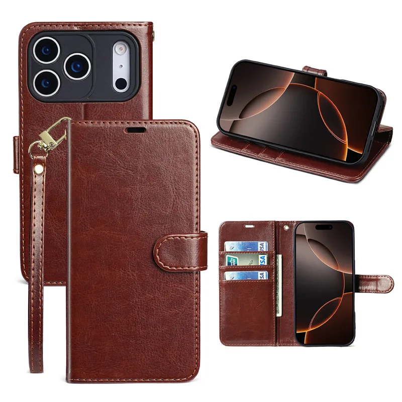 Étui-portefeuille en similicuir PU avec rabat, fentes pour cartes, support intégré, sangle de poignet, aimanté et antichoc, vente en gros pour iPhone Duo