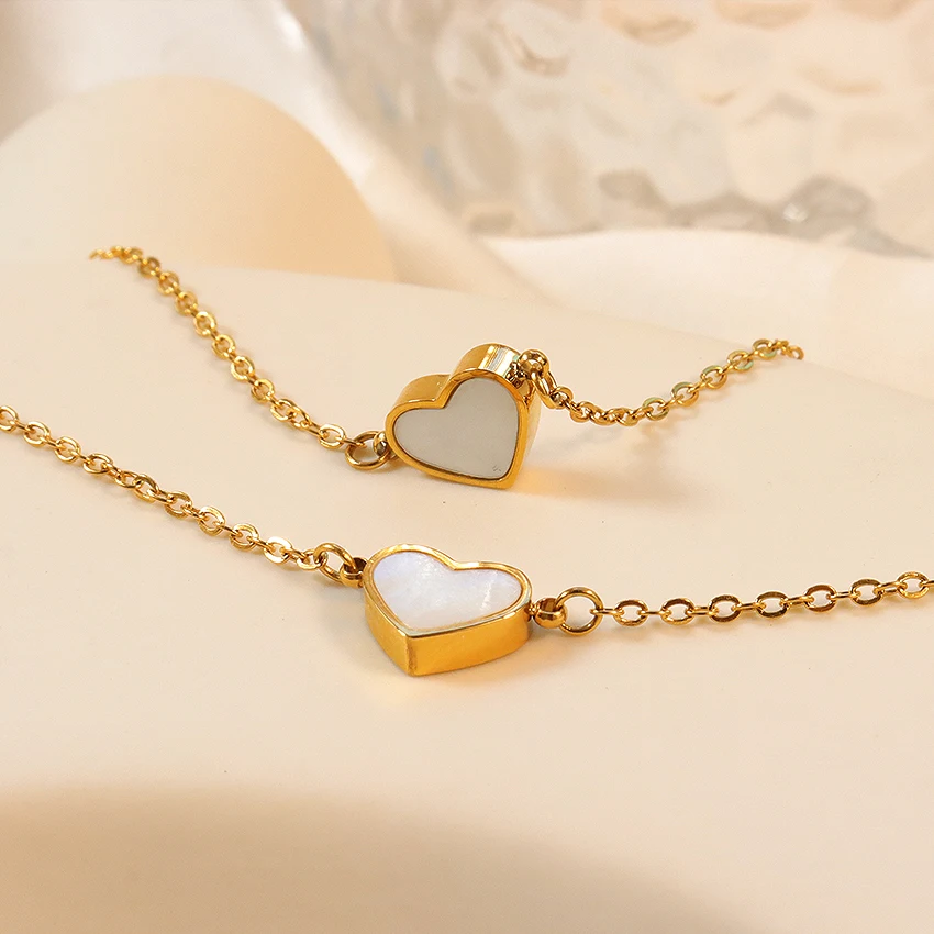 New Trendy Mother Of Pearl Heart Necklace Bracelet Set Stainless Steel