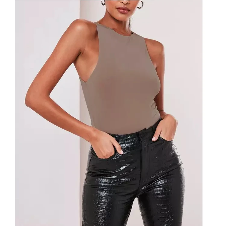 Débardeur Femme Sans Coutures Microfibre Bretelles Spaghetti Marron Foncé