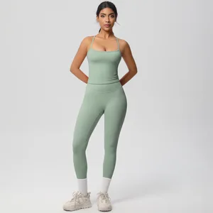 Custom Front Solid Logo Nylon Brushed Quick Dry Fitness Outfit Sexy Backless Sports Bra High Waist Leggings Gym Running Yoga Set