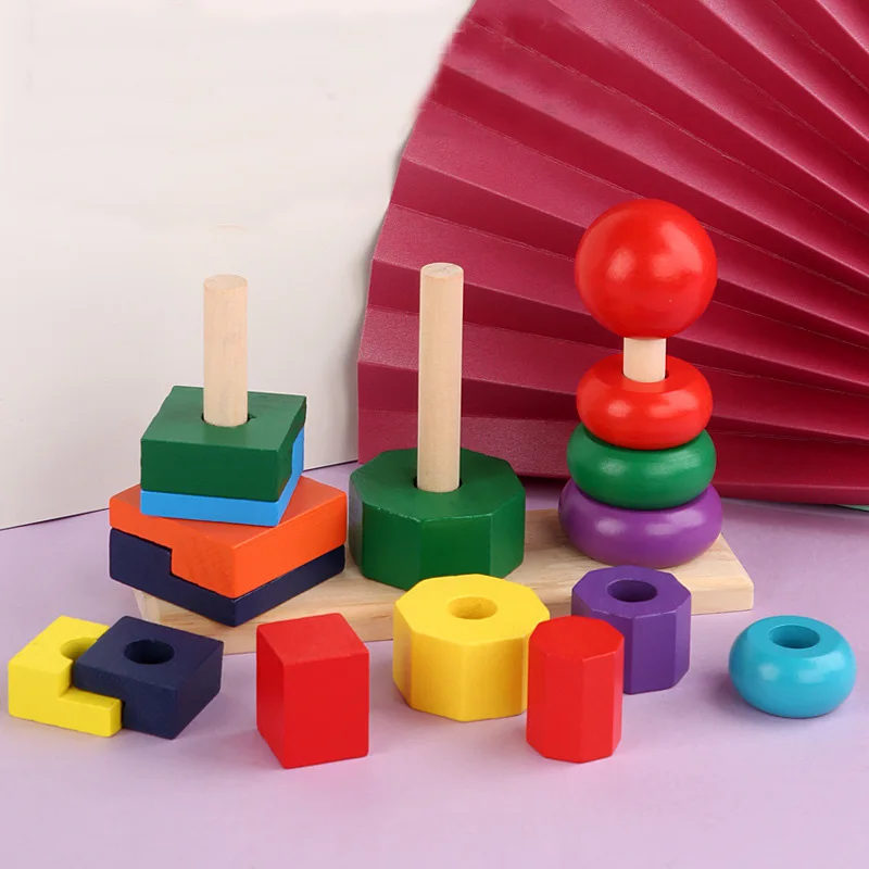 HOYE CRAFT Wooden Rainbow Tower Shape Sorter Stacker Toys Stacking Game