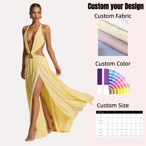 OEM Service Sexy Deep V Backless Evening Party Dress with Crossover Straps & High Slit Elegant Women's Party Gown