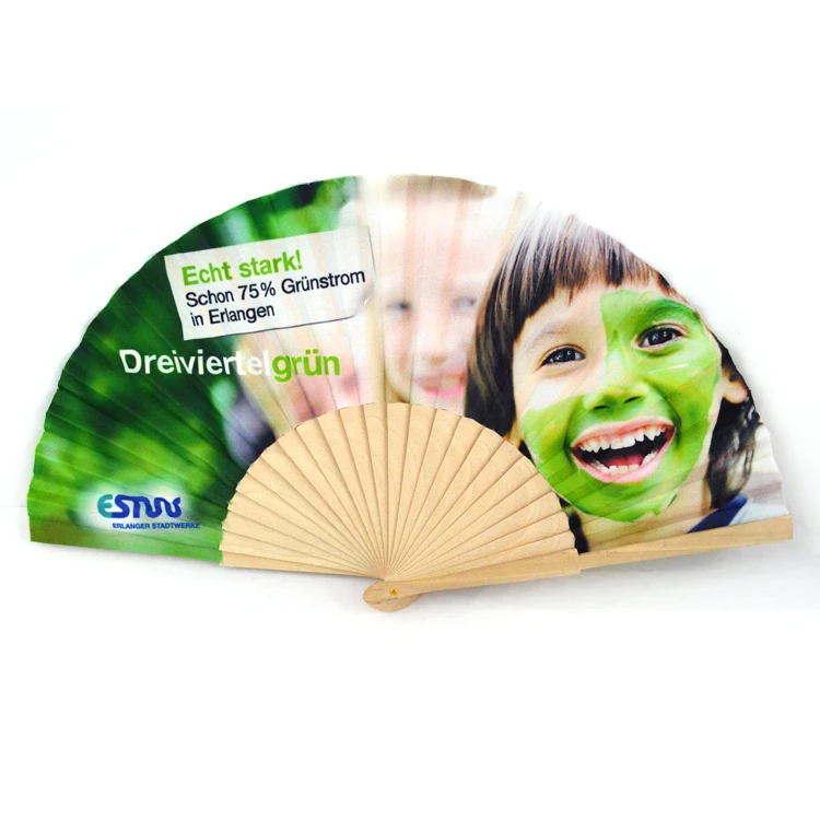 Handheld Fan Ribbed Wholesale Price Custom Printed Paper Fabric Hand Held Wood Ribbed ...