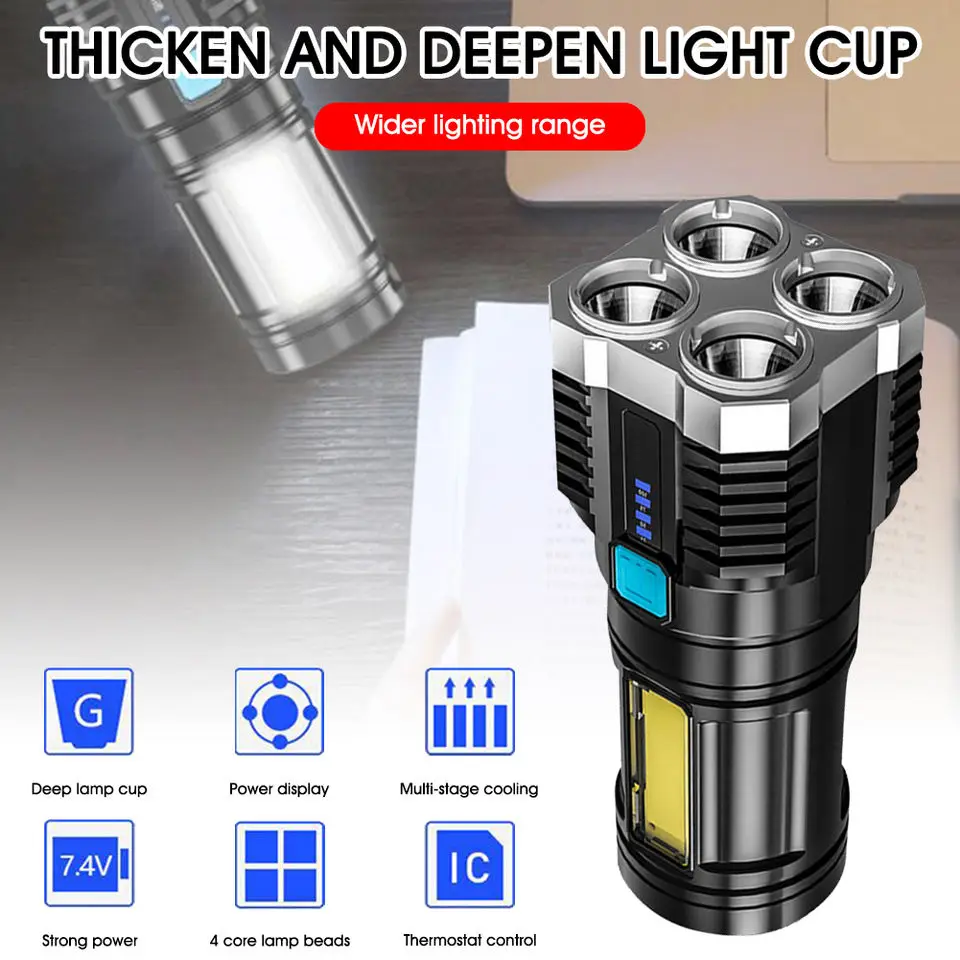 Super Bright 4 Core Rechargeable Multifunctional Waterproof Led Flashlight Cob Side Light Torch Searchlight Emergency Camping details