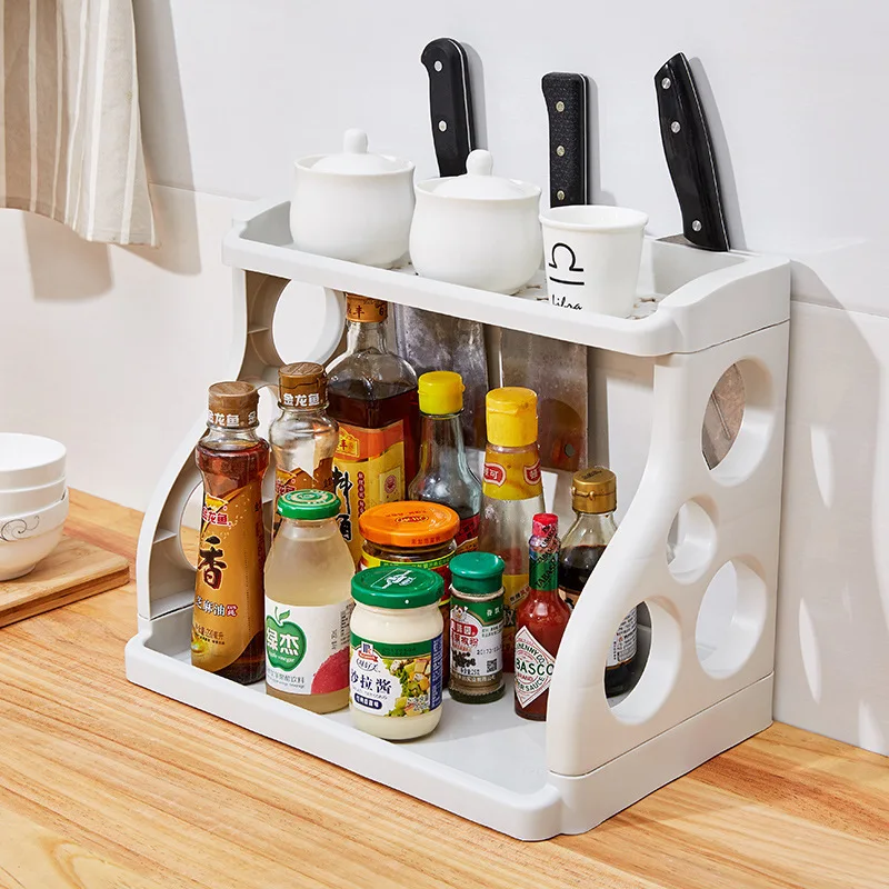 Kitchen Seasoning Seasoning Two-layer Storage Knife Rack Sundries Storage  Storage Organizer Free Punch Plastic Polygon Spice