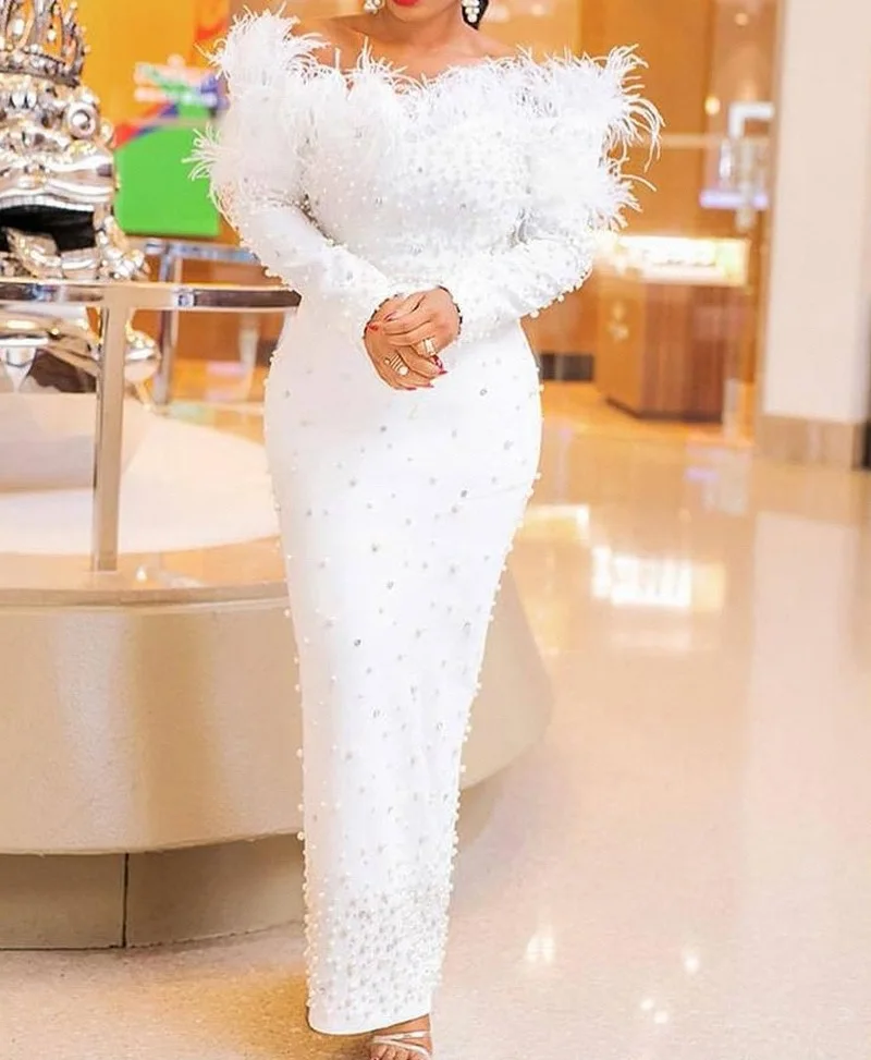Latest Arrival Off Shoulder Feather Bandage Tight Nail Bead White Party Dress Long Sleeve Dresses Evening Dresses