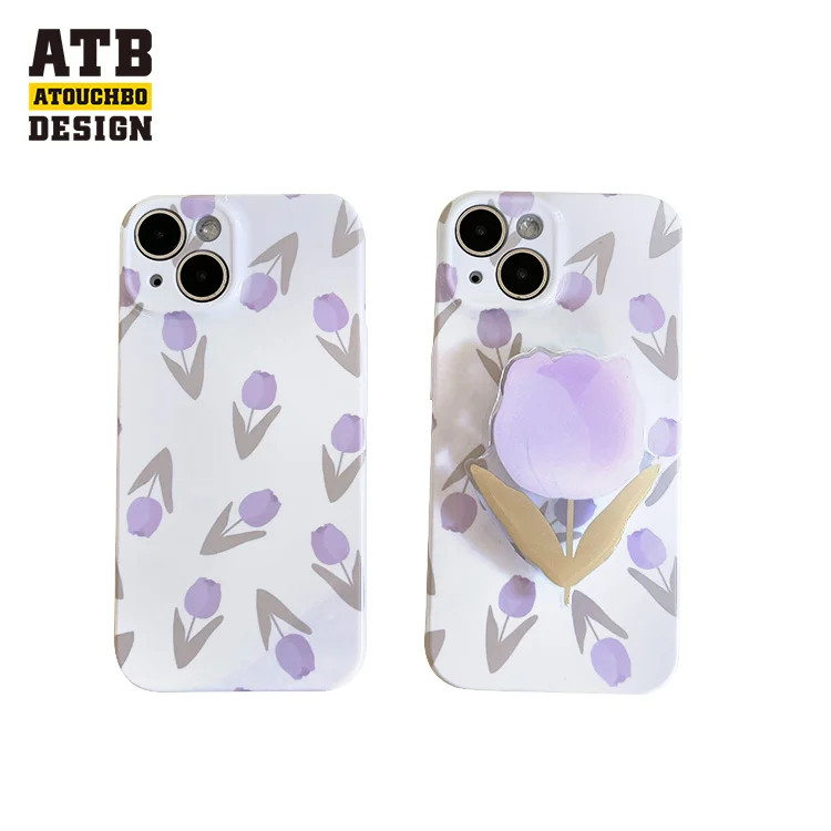 New Arrival Purple Pink Gradient With Tulip Holder Phone Case for IPhone 15 14 13 12 Pro Max