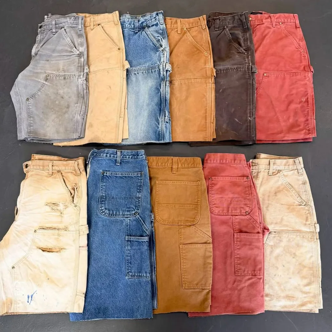 Vintage streetwearové nákladní krátké kalhoty, těžká bavlna, vybělené a poškozené povrchem, syrový okraj hemu, ručně pískované, americké krátké kalhoty pro muže