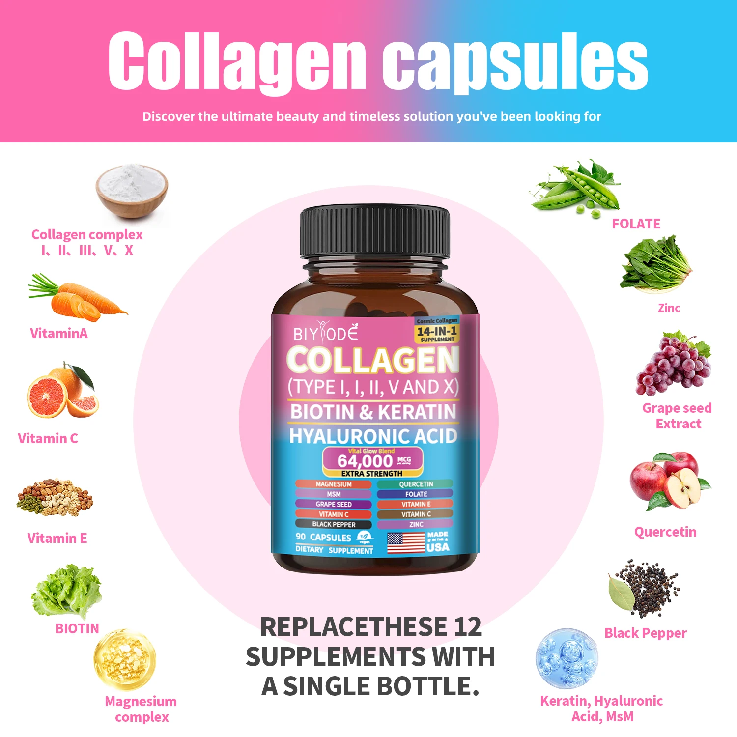 Biyode Effective Formula Ready Stock Fast Shipping Wholesale Vital Proteins Collagen Capsules 14 in 1