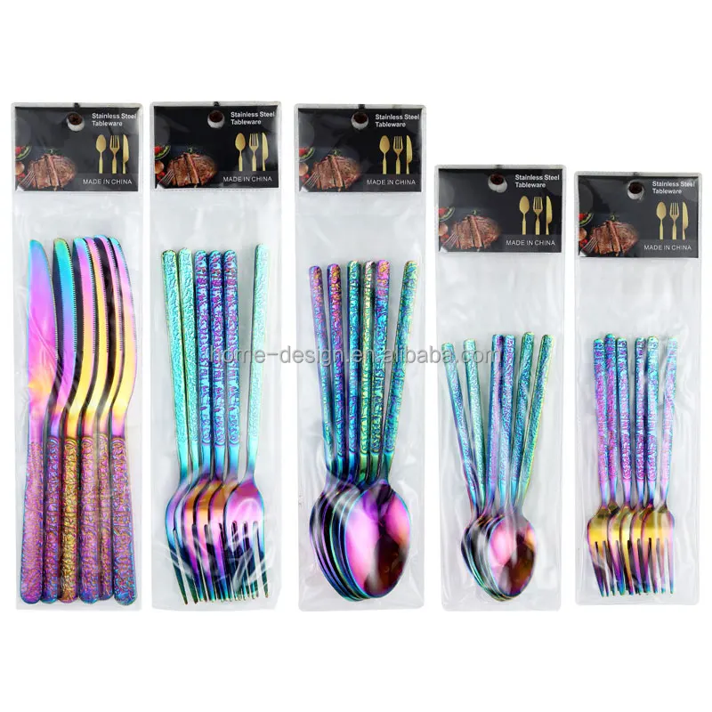 Factory Direct Sales Custom 6-Piece Gold Stainless Steel Tableware Home Cutlery Set Different Colors Sustainable Plastic Bag