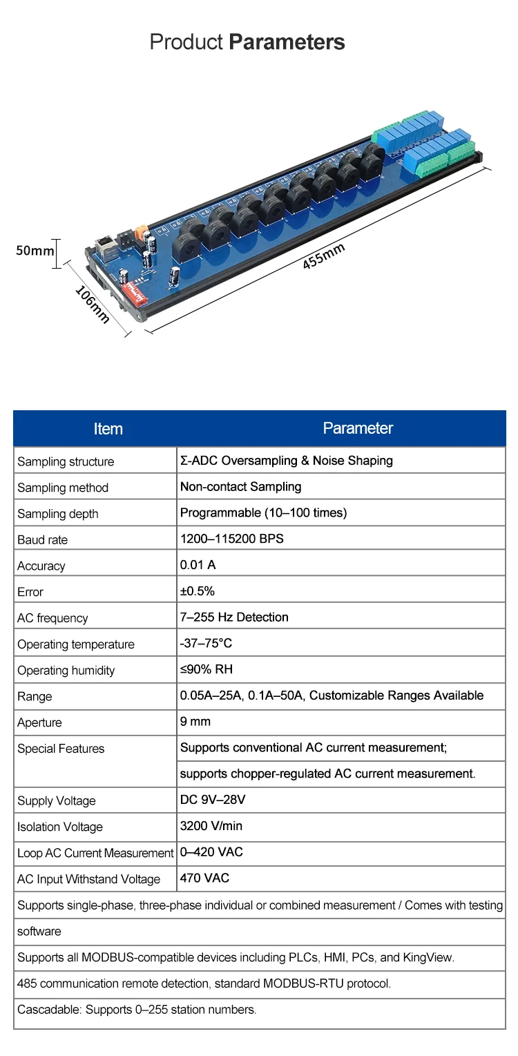 product huaqingjun 16 channel rs485 ethernet ac current voltage transformer detect module modbus rtu tcp acquisition module217-3