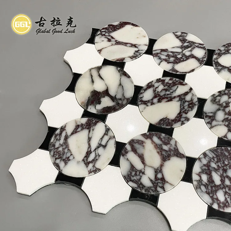 Luxury Design Water Jet White Stone Round Calacatta Viola Marble Mosaic Tile for Villa Hotel Decor details