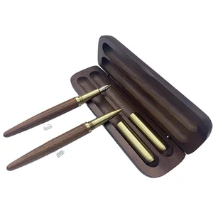 High Quality Luxury Classic Promotion Christmas Gift 2 Rosewood Brass Fountain and Roller Pen Set with Custom logo & Wood Box