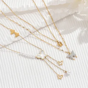 Fashion Stainless Steel Design Hollow butterfly Pearl Necklace All-match Simple Light Luxury Niche Bamboo Chain