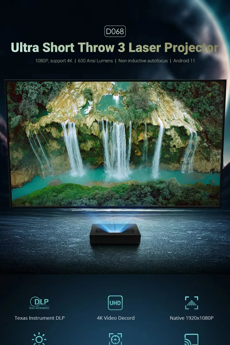 D068 1080P HD Laser DLP Portable Projector for Home Gaming & Cinema