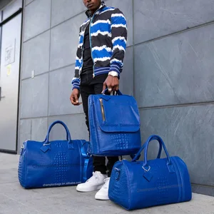 Custom Logo Royal Blue Luxury Croc Leather Men Women Duffel Weekender Travel Bag and Backpack Set