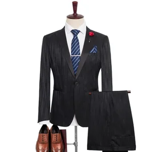 Plus-size Men's Slim Black Striped Tuxedo Loose Edition Business Elegant Casual Suit Three-piece Men's Suit
