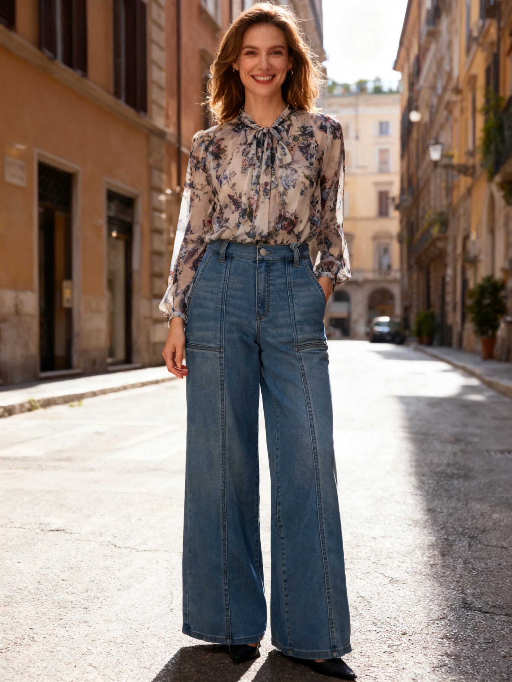 Casual Design, Drape and Slimming, Floor-length Blue Washed Loose Slightly Flared Jeans