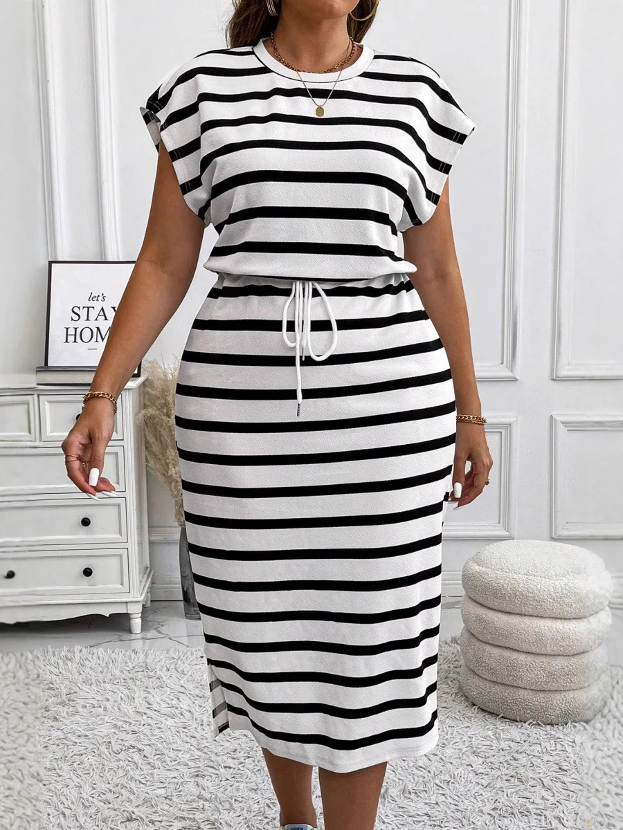 2025 European and American Summer Round Neck Stripe Printed Short Sleeved Large Size Dress