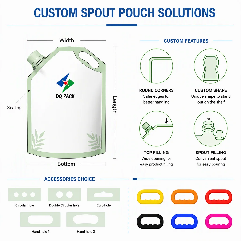 Custom Printed Stand up Spout Pouch Food Grade Liquid Bag for Juice Honey Sauce Detergent Cosmetic Packaging Wholesale