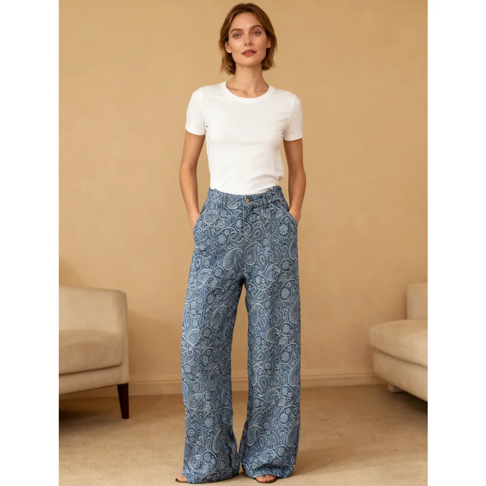 High Waist Washed Wide Leg Denim Jeans Straight Fit Paisley Embroidery Design Jeans