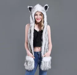 3-in-1 Animal Hat, Scarf, & Mitten Combo luxury Winter faux fur hoodie hat