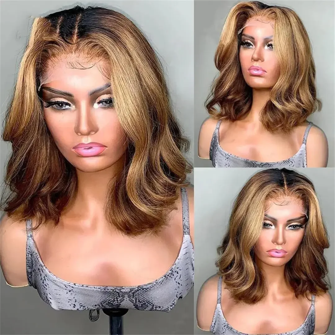 Bob-Perücke P4/27, Honigblond, Spitze vorne, Echthaar, lockig, vorgezupft, Babyhaar, gewellt_voghion.com