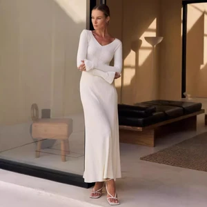 V-Neck Ribbed Knitwear Dress Female Patchwork Ruffled Slim High Waist Long Sleeve Bodycon Dress Knit Vintage Maxi Dress