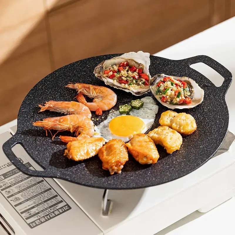 Multi-Function Outdoor Barbecue Grill Pan Cast Iron Carbon Steel Non-Stick Double Handle Korean BBQ Griddle Plate Roast Pan