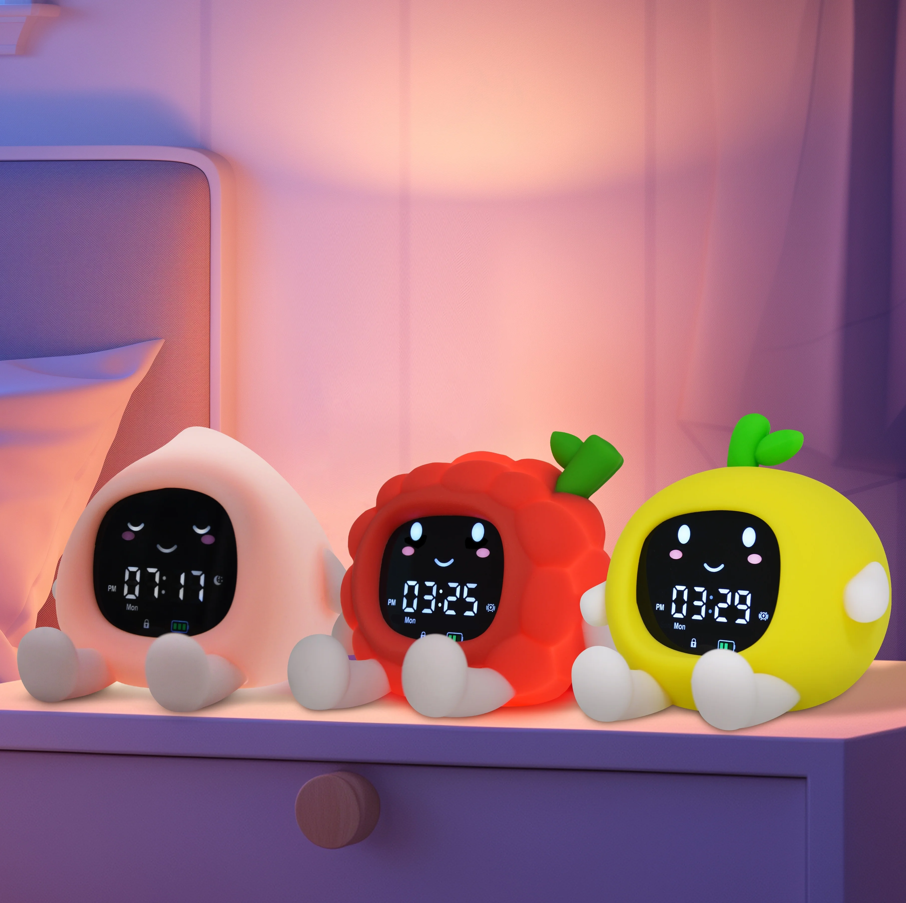 Cute Cartoon Fruit Shape Digital Alarm Clock Stay in Bed Sleep Training Clock OK to Wake Alarm Clock With Night Light for Kids