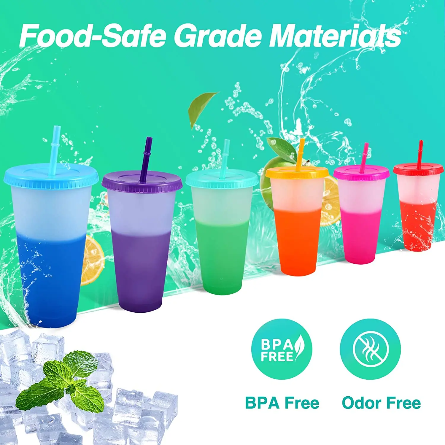 32oz Color Changing Cups with Lids & Straws - 5 Pack Reusable Party Cold  Drinking Cup for Kids & Adults - Plastic Beverage Juice Smoothie Iced  Coffee Tumbler Bulk with Boba Straw 