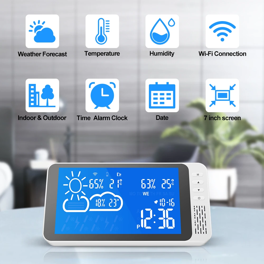 Radio Controlled Digital Color Weather Forecast Station TUYA WiFi Indoor Outdoor Sensors Battery Powered Wireless Weather
