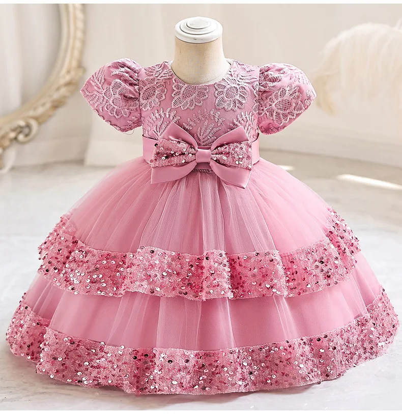 Baby Girl Party Wear Western Princess Dress Frock Clothes Luxury  Embroidered Sequins Bow Baby Girl Tutu Dress 1-2Years