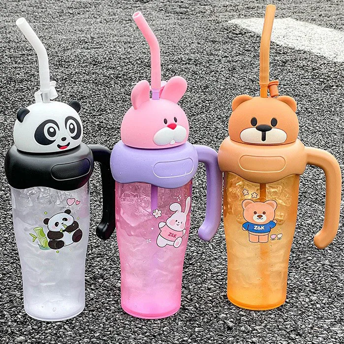 Travel Cartoon Rabbit Plastic Ice Coffee Tumbler Mug Bottle with Handle