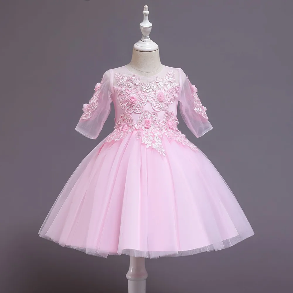 Детское кружевное платье принцессы короткая рукавами в корейском стиле вечернее платье с розовым узором для девочек красное