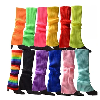 Haiwin Party Winter warm legs Rainbow Red Green Yellow Orange Color Striped Knitted Leg Warmers for Girls Women