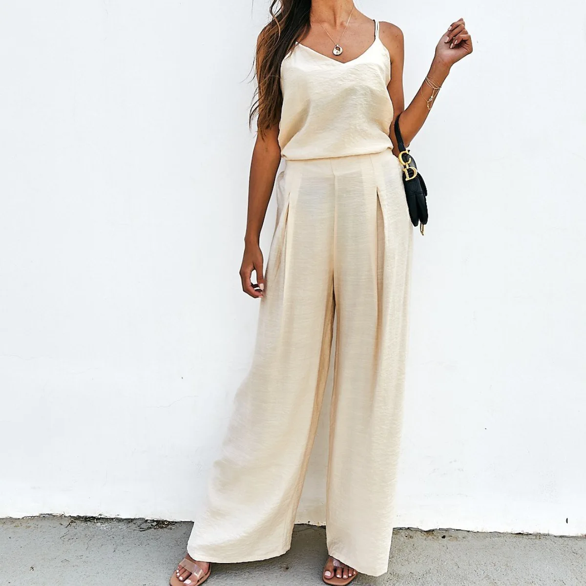 PASUXI 2025 Newest Lady Suspenders Strapless Tight Vest Top Wide Leg Pants Suit Women Plus Size Two Piece Set