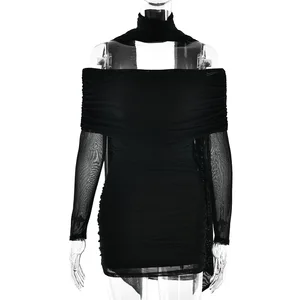 Mesh Off-shoulder Long Sleeve Pleated Dress Women's Summer Dress Sexy Dress Women Hot Girl Skirt